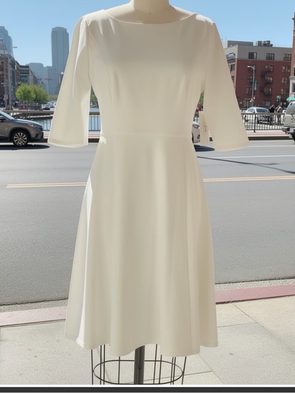 H by Halston Cream Midi Dress with Three-Quarter Sleeves